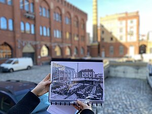 Der Innenhof des Pfefferberg-Geländes zu Entstehungszeiten und jetzt. © HTW Berlin / Tobias Nettke