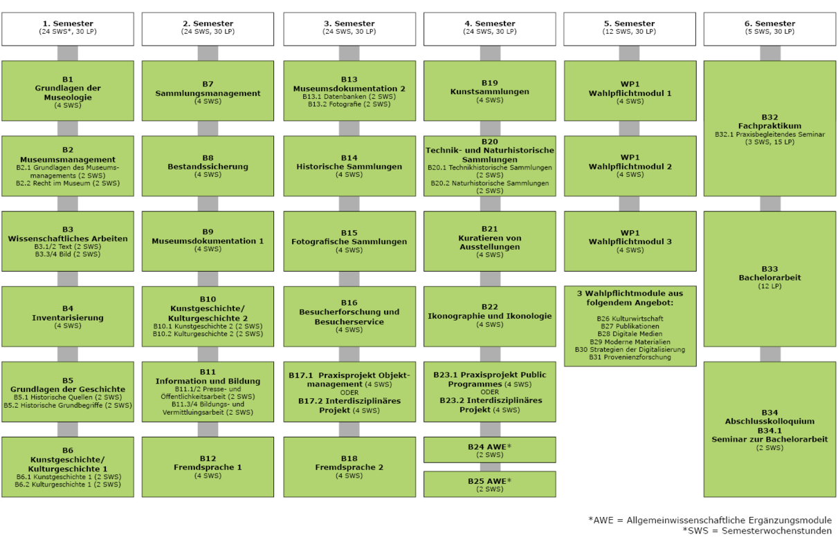 Tabellarische Übersicht der Module und Lehrveranstaltungen, sortiert nach Semestern (erstes bis siebtes Semester) und Modulgruppen. Jede Zeile steht für ein Semester, jede Spalte für ein Modul oder Themenbereich, darunter Pflichtmodule wie Mathematik, 